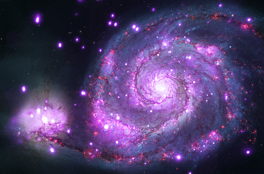 This image contains nearly a million seconds worth of Chandra observing time (purple) along with optical data from the Hubble Space Telescope (red, green, and blue). The X-ray data reveal hundreds of point-like sources, most of which are X-ray binary systems (XRBs) containing a neutron star or black hole in orbit with a star like the Sun. Researchers are studying the XRBs in M51, a.k.a. the "Whirlpool Galaxy," to better understand the role they play in the evolution of the galaxy.