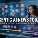 A professional woman interacting with a digital interface showing agentic AI workflows and the headline "Agentic AI News Today: The Shift from Chatbots to Autonomous Digital Colleagues.