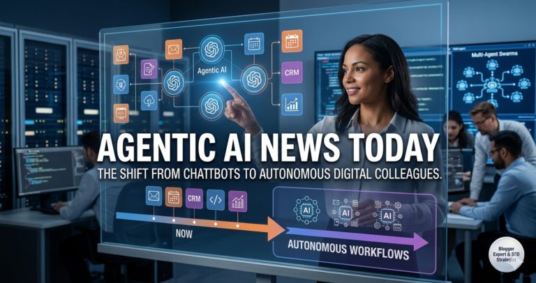 A professional woman interacting with a digital interface showing agentic AI workflows and the headline "Agentic AI News Today: The Shift from Chatbots to Autonomous Digital Colleagues.