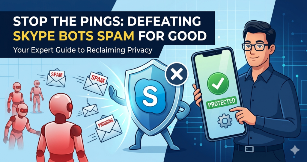 An illustration showing a man holding a protected smartphone next to a digital shield that is blocking red robots and spam envelopes, titled "Stop the Pings: Defeating Skype Bots Spam for Good."