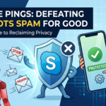 An illustration showing a man holding a protected smartphone next to a digital shield that is blocking red robots and spam envelopes, titled "Stop the Pings: Defeating Skype Bots Spam for Good."
