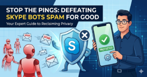 An illustration showing a man holding a protected smartphone next to a digital shield that is blocking red robots and spam envelopes, titled "Stop the Pings: Defeating Skype Bots Spam for Good."