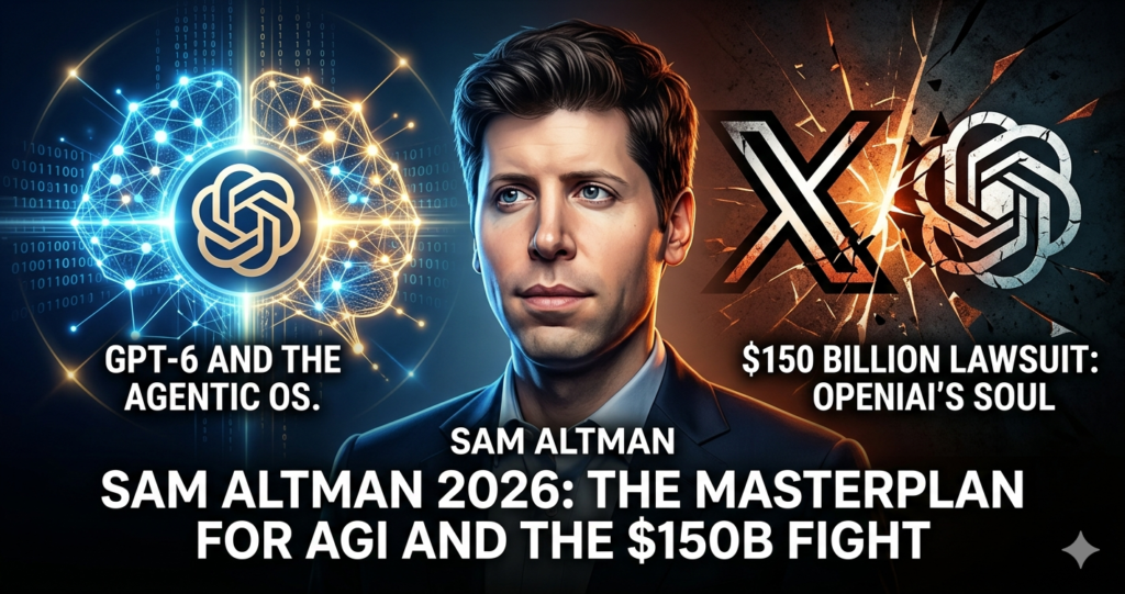 Sam Altman in front of a digital brain and a cracked background, symbolizing the GPT-6 era and the OpenAI legal dispute.