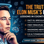 A high-tech, SEO-optimized featured image featuring an expert illustration of Elon Musk surrounded by physics equations and cognitive diagrams, titled "The Truth About Elon Musk's IQ Score".