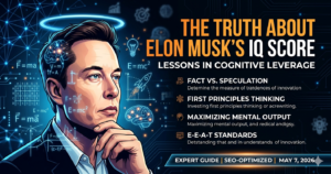 A high-tech, SEO-optimized featured image featuring an expert illustration of Elon Musk surrounded by physics equations and cognitive diagrams, titled "The Truth About Elon Musk's IQ Score".