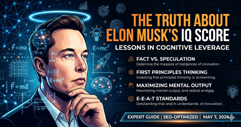 A high-tech, SEO-optimized featured image featuring an expert illustration of Elon Musk surrounded by physics equations and cognitive diagrams, titled "The Truth About Elon Musk's IQ Score".