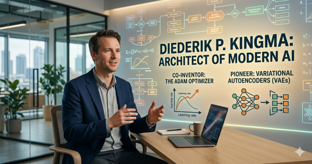 A professional sitting at a desk with a laptop, featuring a digital display about Diederik P. Kingma, the co-inventor of the Adam Optimizer and VAEs.
