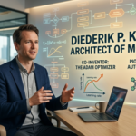 A professional sitting at a desk with a laptop, featuring a digital display about Diederik P. Kingma, the co-inventor of the Adam Optimizer and VAEs.