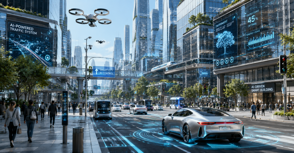 Futuristic AI-powered smart city with autonomous vehicles, intelligent traffic systems, smart buildings, and advanced urban technology infrastructure.