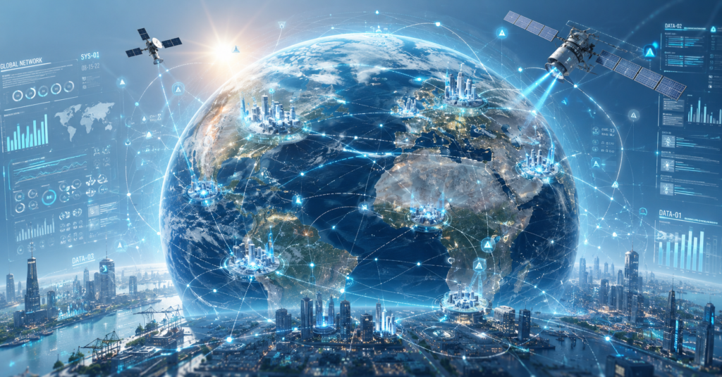 AI-powered smart world with connected cities, satellites, and digital networks across Earth.