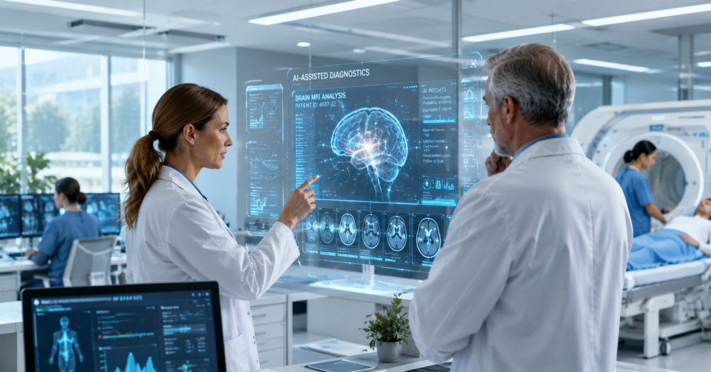 Doctors using AI-assisted diagnostics and holographic medical scans in a futuristic smart hospital environment.