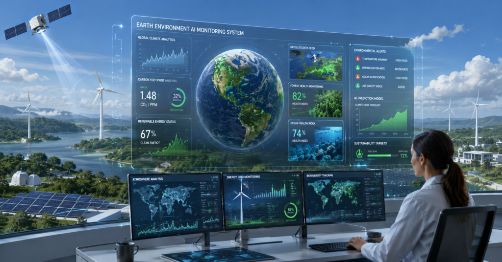 AI-powered environmental monitoring system tracking Earth climate data, renewable energy, forests, and oceans through advanced analytics dashboards.
