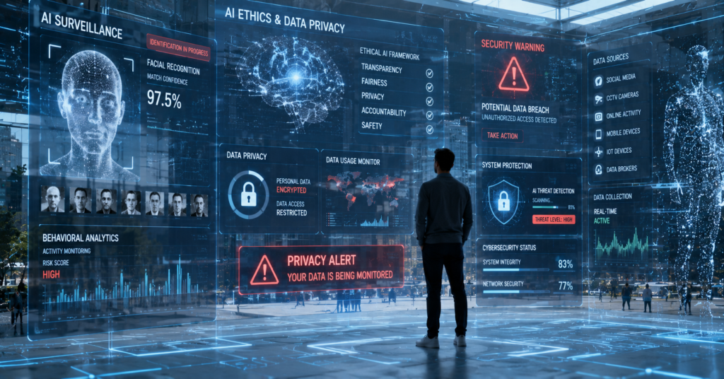 AI ethics and data privacy concept showing human interaction with futuristic surveillance systems and cybersecurity interfaces.