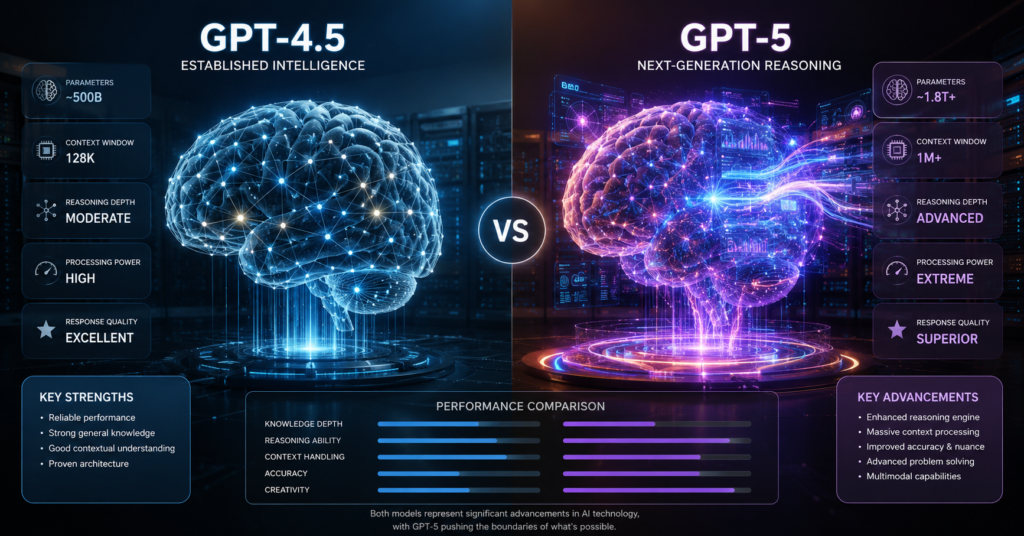 Split-screen futuristic comparison of GPT-4.5 and GPT-5 AI systems with glowing holographic brains, neural network connections, and advanced digital data streams inside a cinematic server room, highlighting the evolution from earlier AI processing to next-generation GPT-5 reasoning technology.