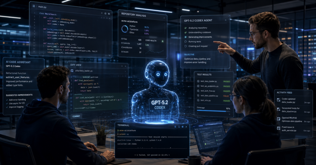Futuristic AI-powered software development workspace featuring GPT-5.2 Codex coding assistant, developers collaborating with holographic programming dashboards, floating code windows, repository analysis panels, and glowing neural interfaces inside a cinematic cyber-tech office environment.