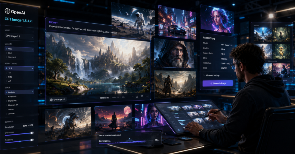Futuristic AI image generation studio powered by GPT Image 1.5 API, featuring a digital artist creating ultra-realistic artwork on holographic screens with floating creative dashboards, vibrant neon lighting, and advanced visual rendering tools in a cinematic tech workspace.